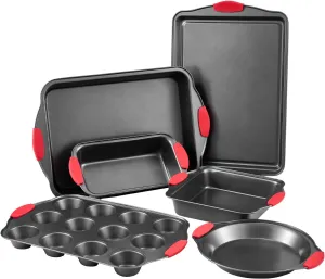 VEVOR Baking Pans Set, 6-Piece, Nonstick Carbon Steel Cookware Sheets & Trays, Stackable Kitchen Oven Bakeware Cooking Sets with Silicone Handles, Easy to Clean, for Baking Cookie Cake Muffin Bread