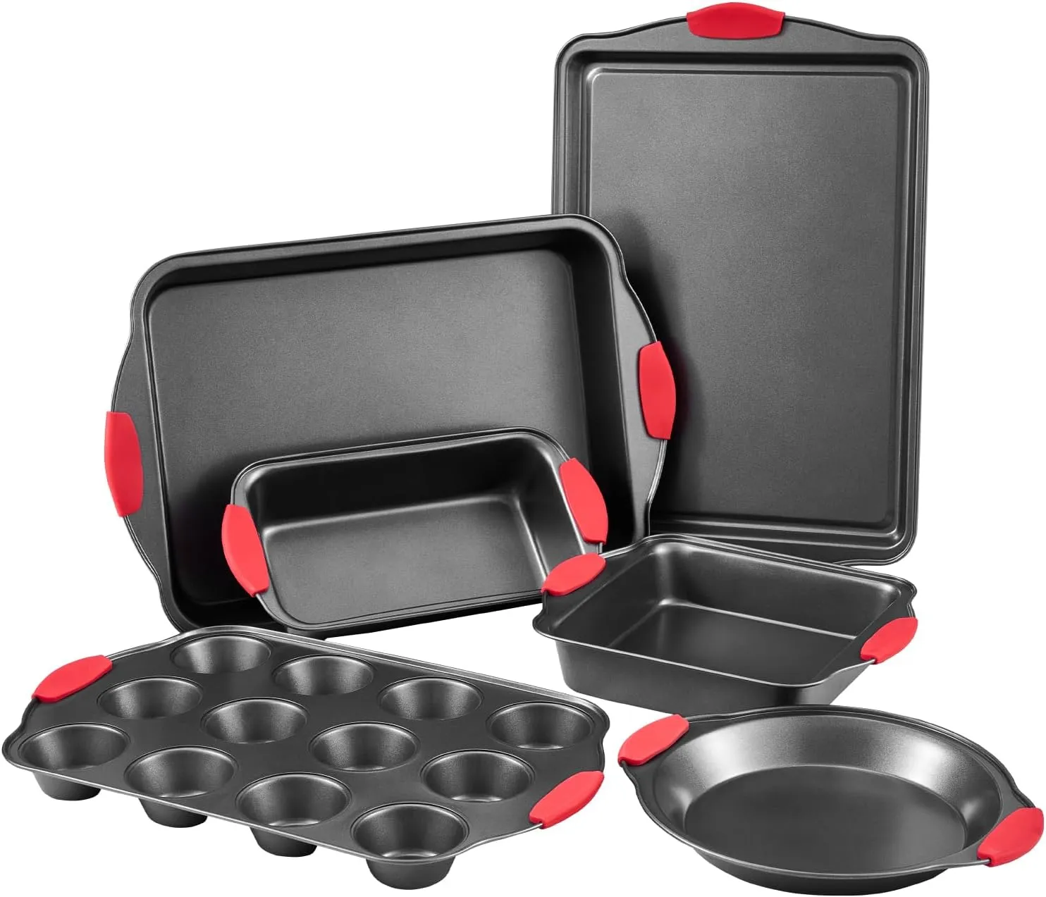 VEVOR Baking Pans Set, 6-Piece, Nonstick Carbon Steel Cookware Sheets & Trays, Stackable Kitchen Oven Bakeware Cooking Sets with Silicone Handles, Easy to Clean, for Baking Cookie Cake Muffin Bread