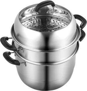 VEVOR Steamer Pot 11in/28cm, 3 Tier Steamer Pot for Cooking with 8.5QT Stock Pot, Vegetable Steamer & 2 Steaming Tray, Food-Grade 304 Stainless Steel Food Steamer Cookware for Gas Electric Stove Grill