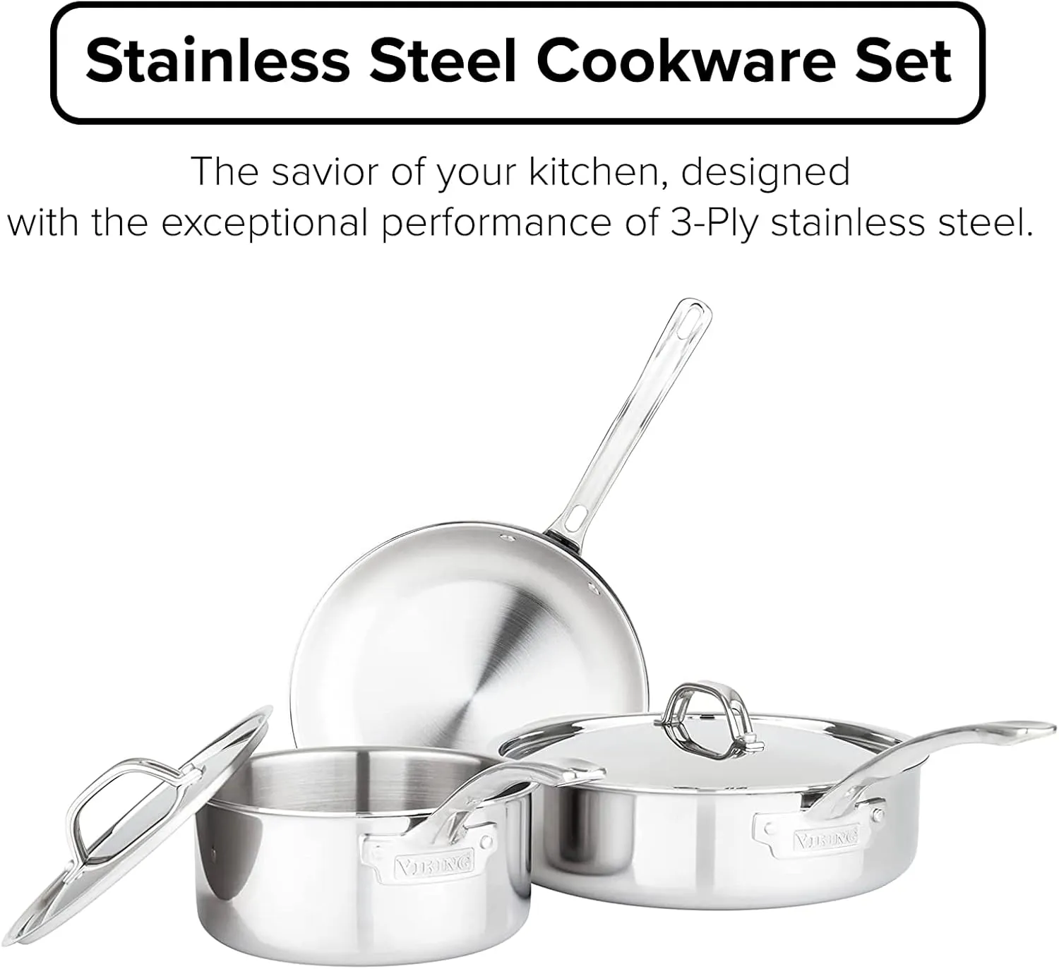 Viking Culinary 3-Ply Stainless Steel Cookware Set with Metal Lids, 5 Piece, Dishwasher, Oven Safe, Works on All Cooktops including Induction