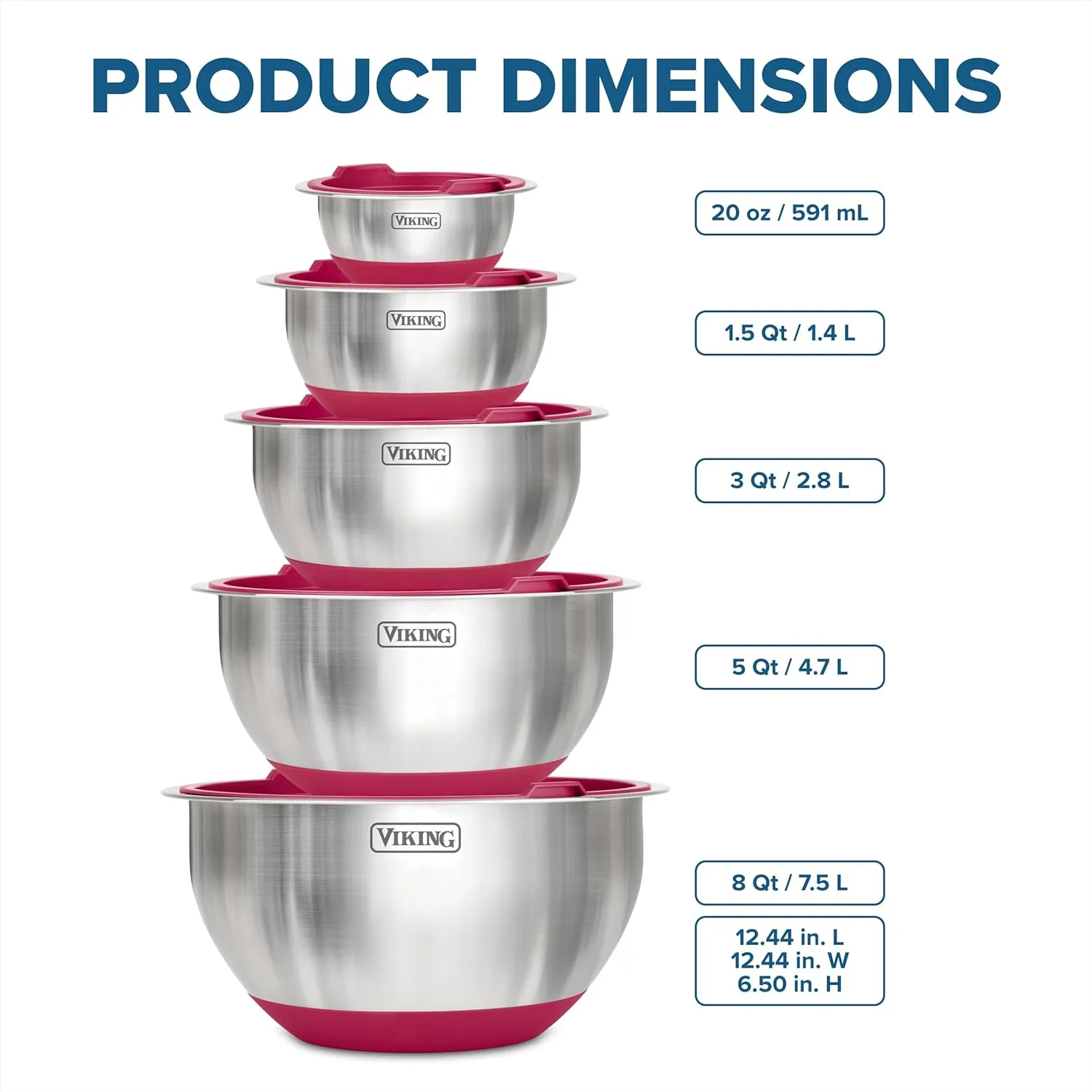 Viking Mixing Bowls Set, 10 Piece Stainless Steel Kitchen Cookware, Non-Slip Silicone Base, Includes Airtight Lids, Dishwasher Safe, Red