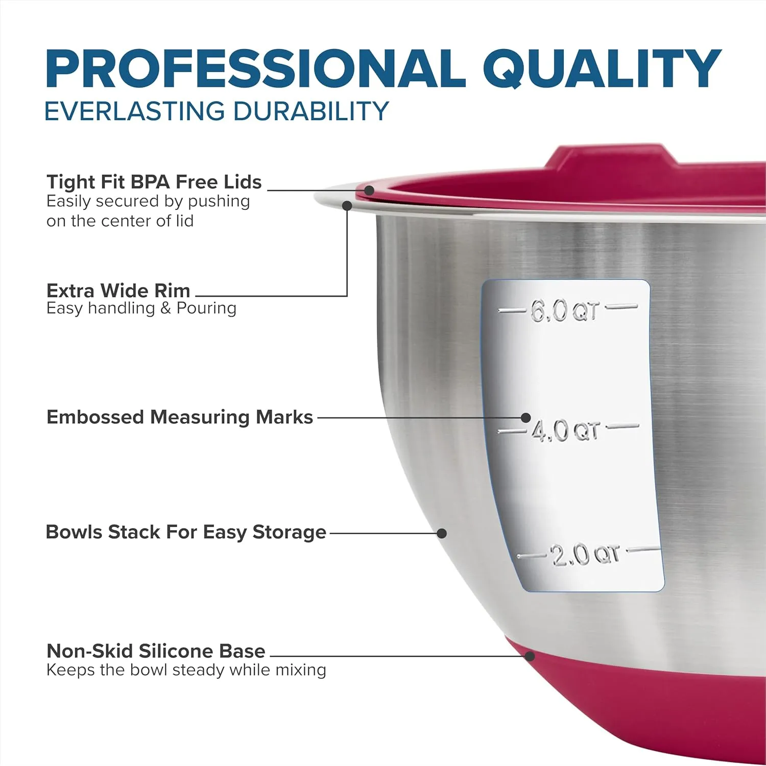 Viking Mixing Bowls Set, 10 Piece Stainless Steel Kitchen Cookware, Non-Slip Silicone Base, Includes Airtight Lids, Dishwasher Safe, Red