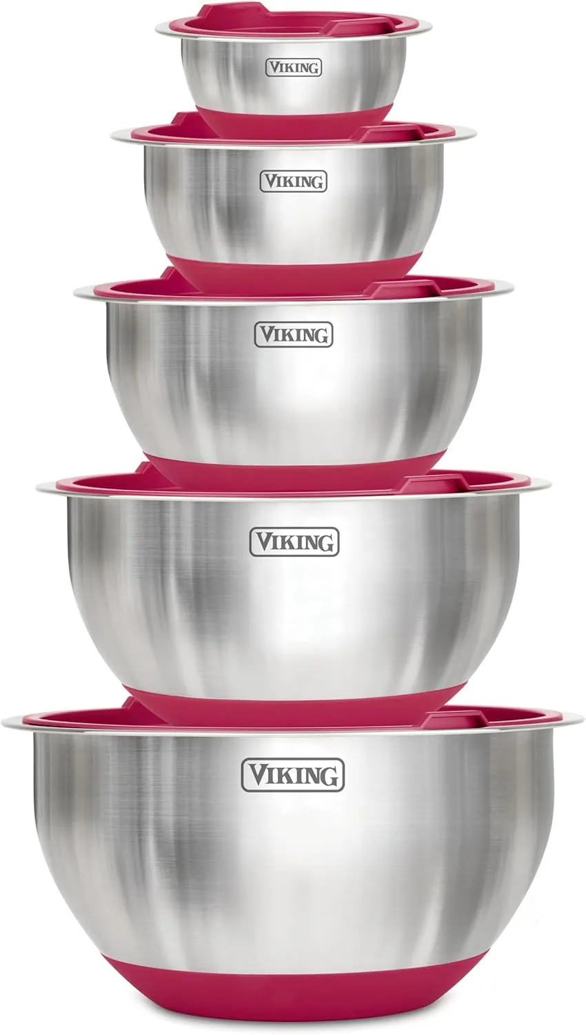 Viking Mixing Bowls Set, 10 Piece Stainless Steel Kitchen Cookware, Non-Slip Silicone Base, Includes Airtight Lids, Dishwasher Safe, Red