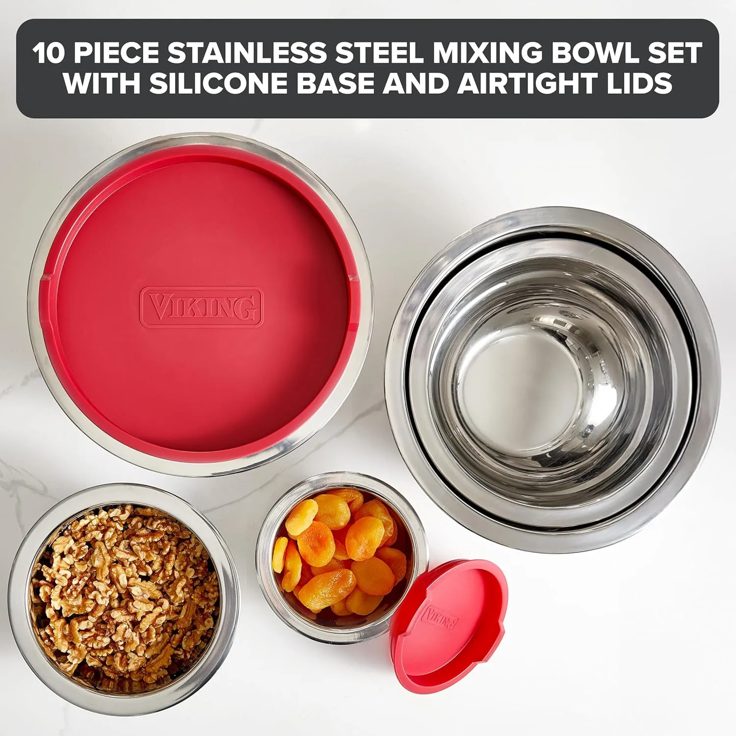 Viking Mixing Bowls Set, 10 Piece Stainless Steel Kitchen Cookware, Non-Slip Silicone Base, Includes Airtight Lids, Dishwasher Safe, Red
