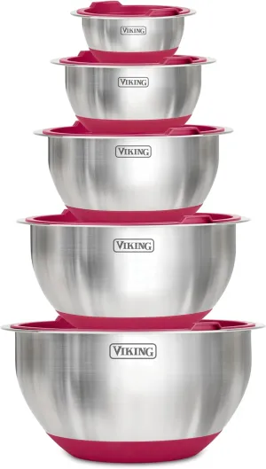 Viking Mixing Bowls Set, 10 Piece Stainless Steel Kitchen Cookware, Non-Slip Silicone Base, Includes Airtight Lids, Dishwasher Safe, Red