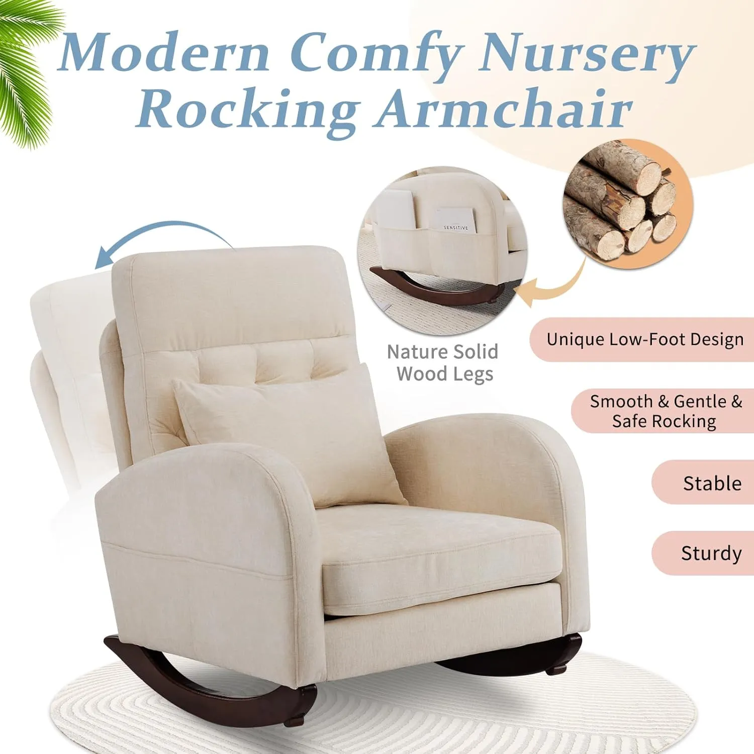 VINGLI Chenille Low Seat Rocking Chair,Upholstered Nursery Glider Chair with Side Pockets,Accent Arm Chair with High Backrest,Comfy Head Rest, and Solid Wood Base For Living Room Bedroom Balcony,Beige