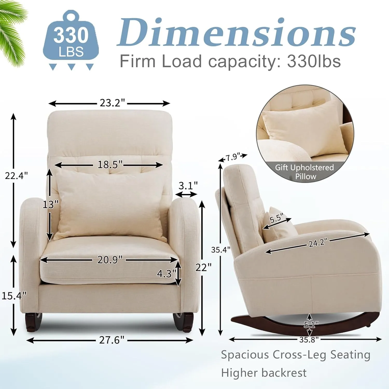VINGLI Chenille Low Seat Rocking Chair,Upholstered Nursery Glider Chair with Side Pockets,Accent Arm Chair with High Backrest,Comfy Head Rest, and Solid Wood Base For Living Room Bedroom Balcony,Beige