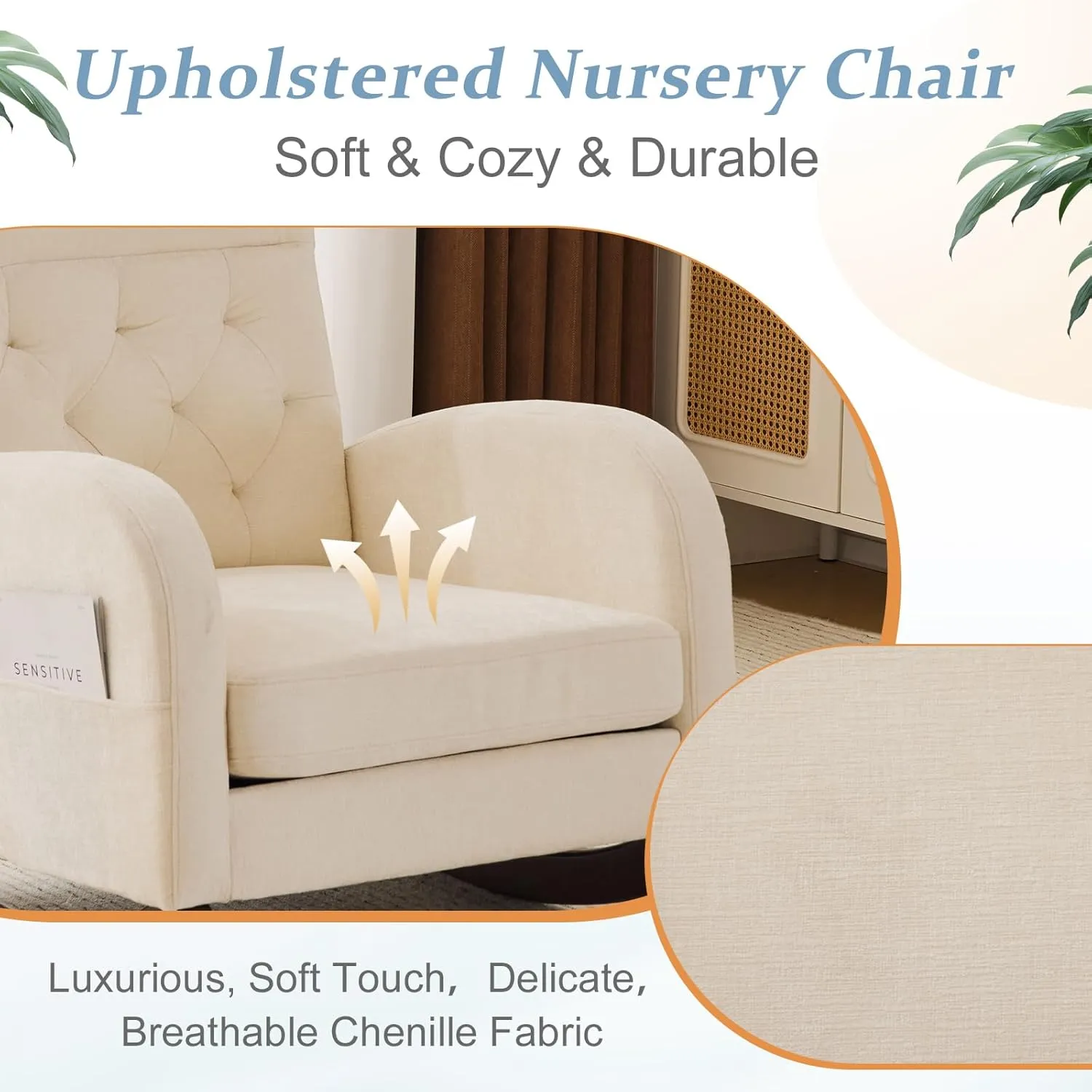 VINGLI Chenille Low Seat Rocking Chair,Upholstered Nursery Glider Chair with Side Pockets,Accent Arm Chair with High Backrest,Comfy Head Rest, and Solid Wood Base For Living Room Bedroom Balcony,Beige