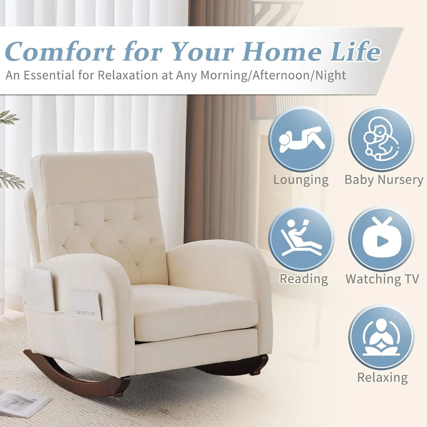 VINGLI Chenille Low Seat Rocking Chair,Upholstered Nursery Glider Chair with Side Pockets,Accent Arm Chair with High Backrest,Comfy Head Rest, and Solid Wood Base For Living Room Bedroom Balcony,Beige