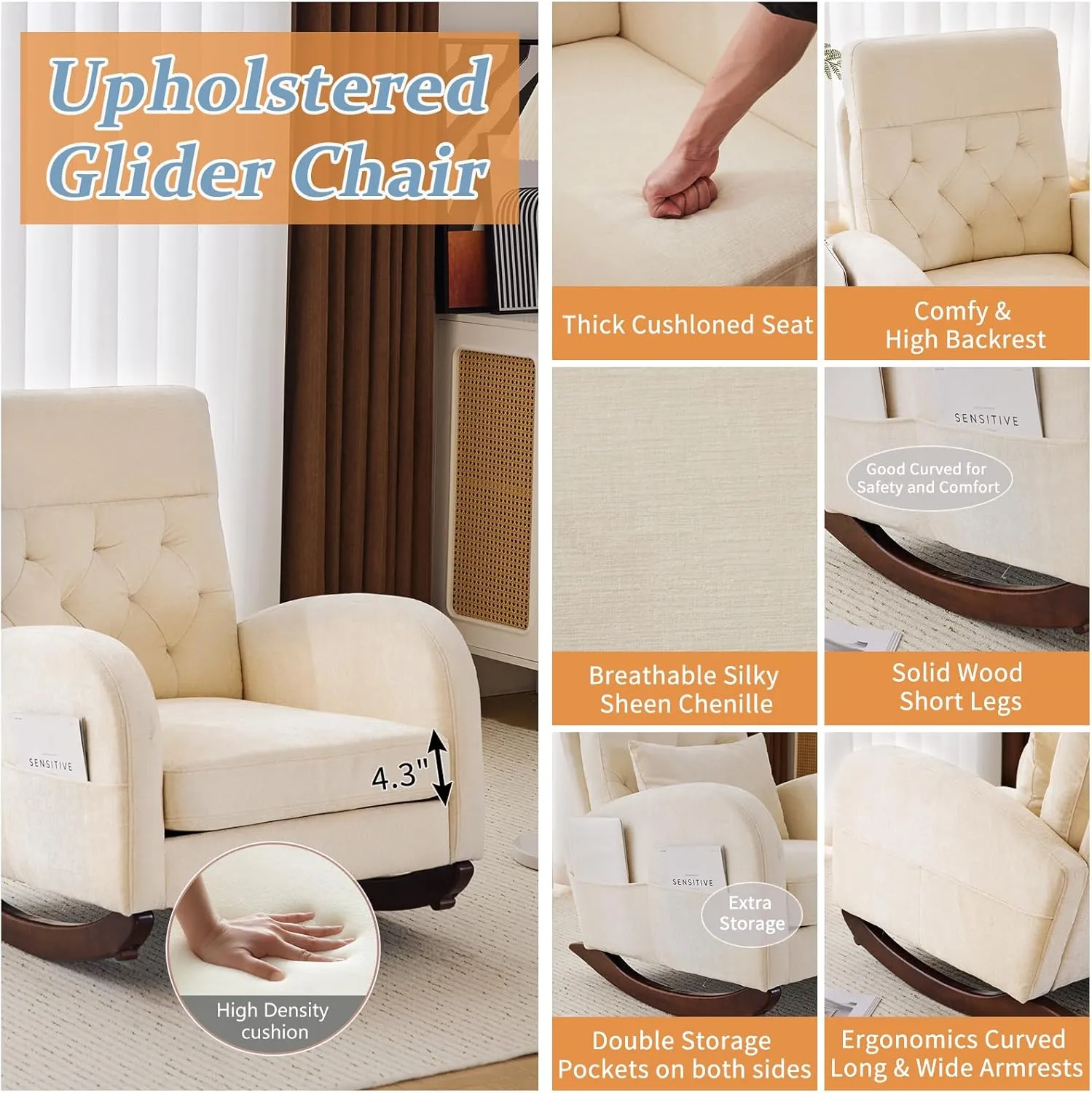 VINGLI Chenille Low Seat Rocking Chair,Upholstered Nursery Glider Chair with Side Pockets,Accent Arm Chair with High Backrest,Comfy Head Rest, and Solid Wood Base For Living Room Bedroom Balcony,Beige