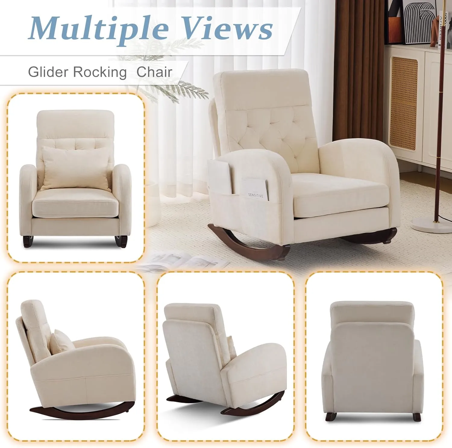 VINGLI Chenille Low Seat Rocking Chair,Upholstered Nursery Glider Chair with Side Pockets,Accent Arm Chair with High Backrest,Comfy Head Rest, and Solid Wood Base For Living Room Bedroom Balcony,Beige