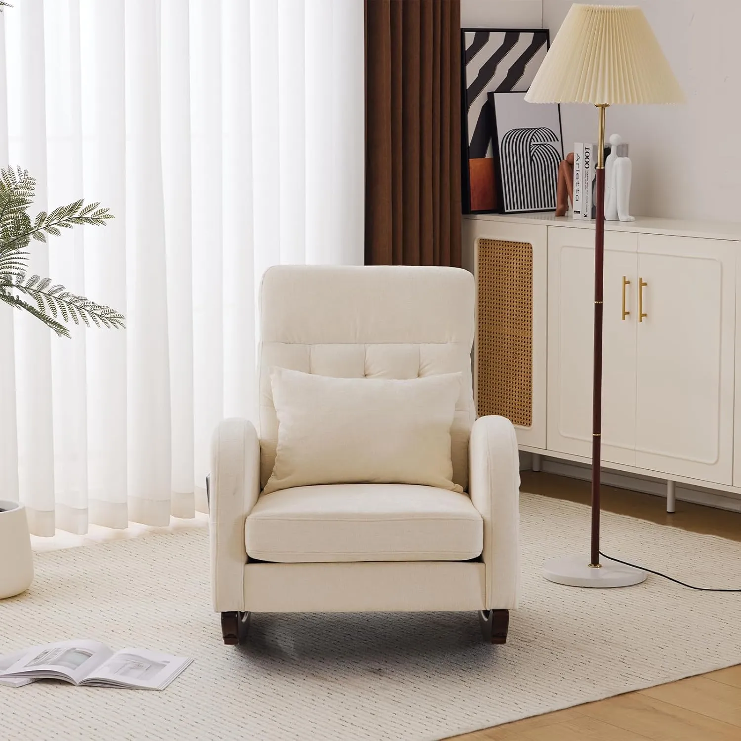 VINGLI Chenille Low Seat Rocking Chair,Upholstered Nursery Glider Chair with Side Pockets,Accent Arm Chair with High Backrest,Comfy Head Rest, and Solid Wood Base For Living Room Bedroom Balcony,Beige