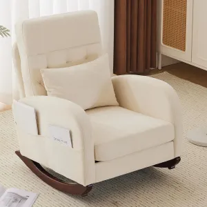 VINGLI Chenille Low Seat Rocking Chair,Upholstered Nursery Glider Chair with Side Pockets,Accent Arm Chair with High Backrest,Comfy Head Rest, and Solid Wood Base For Living Room Bedroom Balcony,Beige