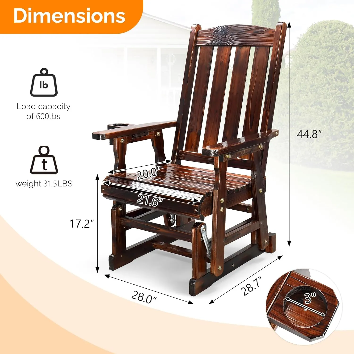 VINGLI Outdoor Glider Chair Wood Patio Glider with Cup Holder, Porch Glider with Smooth Rocking Mechanism, Heavy Duty 600 LBS, Rustic