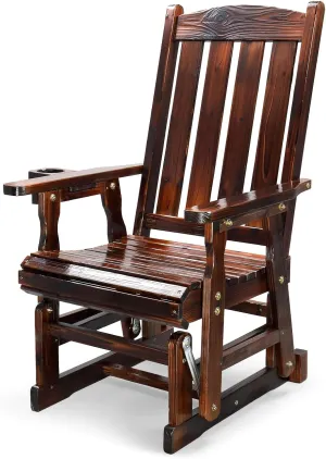 VINGLI Outdoor Glider Chair Wood Patio Glider with Cup Holder, Porch Glider with Smooth Rocking Mechanism, Heavy Duty 600 LBS, Rustic