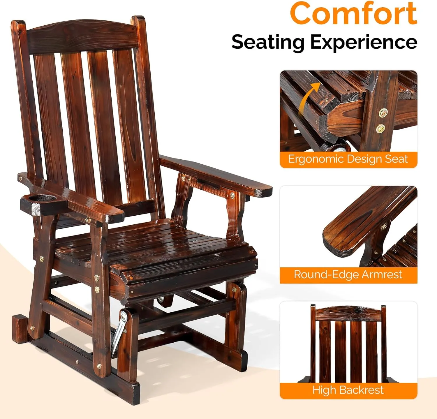 VINGLI Outdoor Glider Chair Wood Patio Glider with Cup Holder, Porch Glider with Smooth Rocking Mechanism, Heavy Duty 600 LBS, Rustic