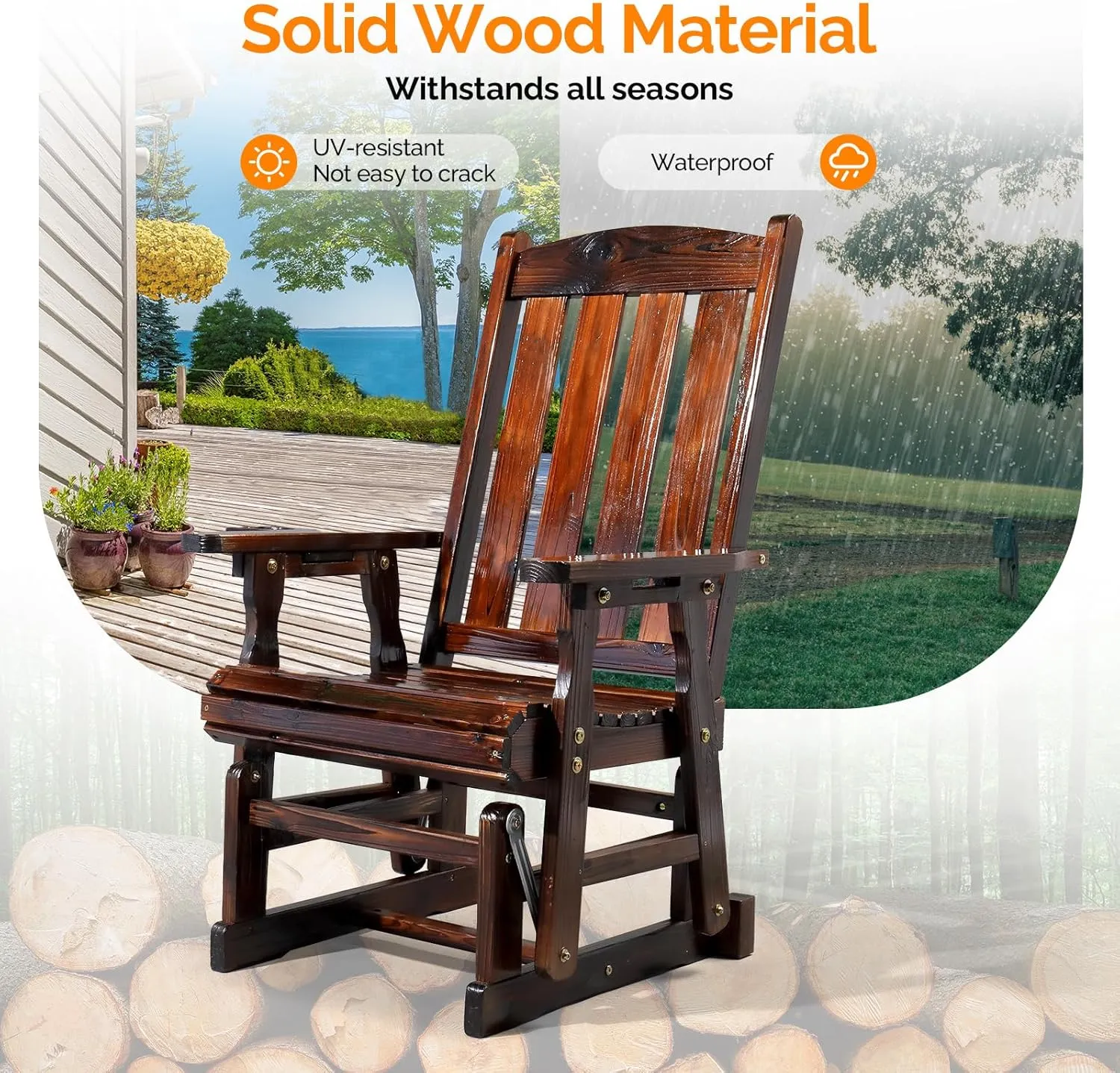 VINGLI Outdoor Glider Chair Wood Patio Glider with Cup Holder, Porch Glider with Smooth Rocking Mechanism, Heavy Duty 600 LBS, Rustic