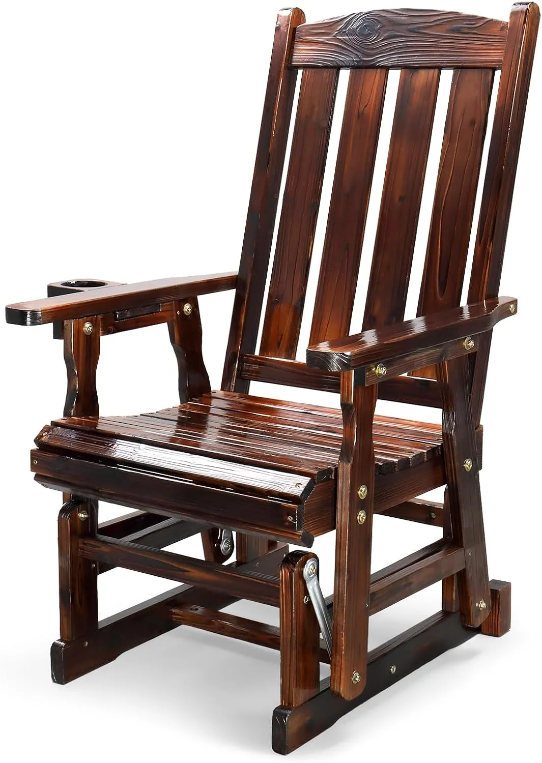 VINGLI Outdoor Glider Chair Wood Patio Glider with Cup Holder, Porch Glider with Smooth Rocking Mechanism, Heavy Duty 600 LBS, Rustic