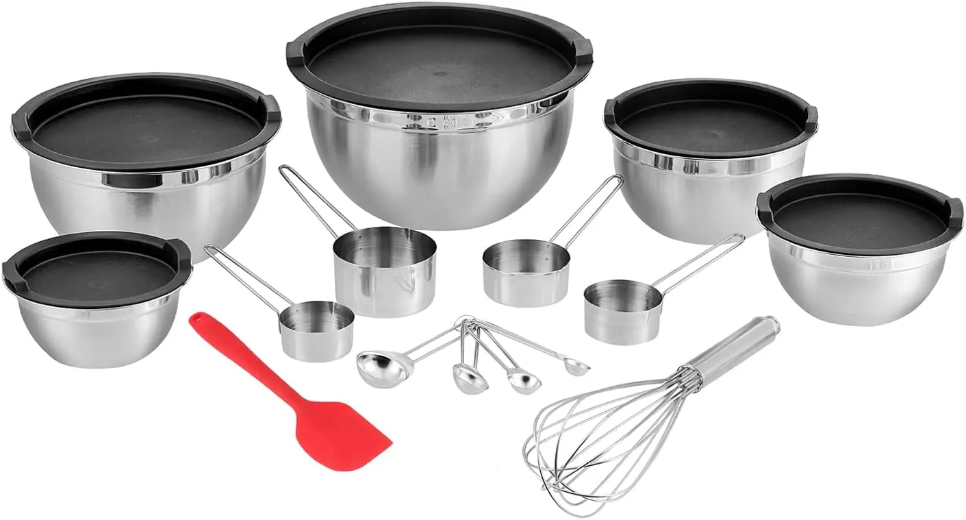 Vinod Cookware Heavy Duty Flat Bottom Stainless Steel Mixing Bowls with Lids, Measuring Cups, Measuring Spoons, Spatula & Stainless Whisk - Bowls for Meal Prep, Cooking, Mixing & Serving - Set of 5