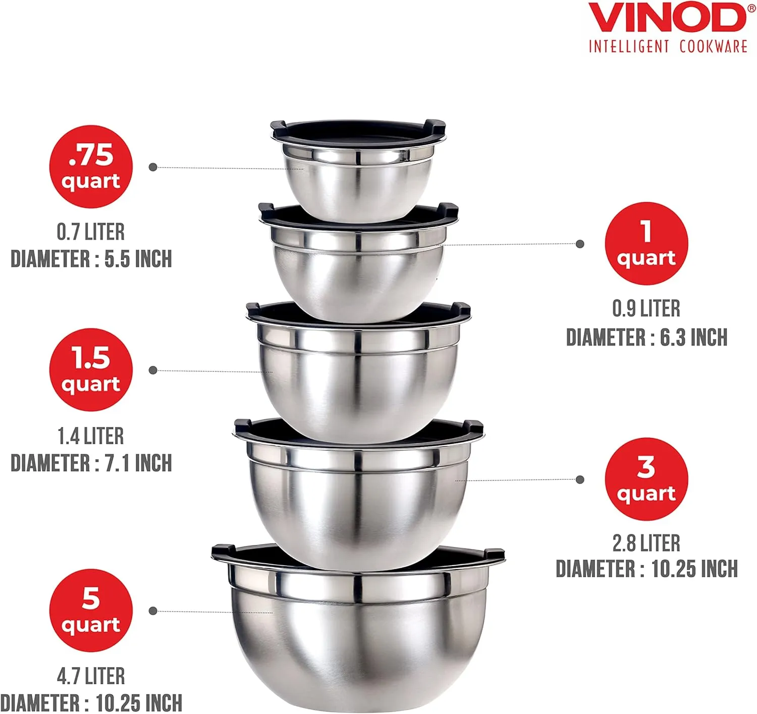 Vinod Cookware Stainless Steel Mixing Bowls with Lids - Heavy Duty Flat Bottom Stackable Mixing Bowl Set - Bowls for Meal Prep, Cooking, Mixing & Serve - Space Saving & Easy Clean - Set of 5