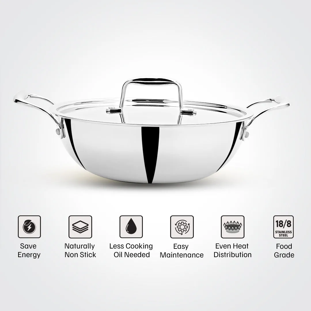VINOD Doniv Titanium Triply Stainless Steel Kadhai with Cover (22 cm), Capacity 2.00 Liter, Induction Friendly
