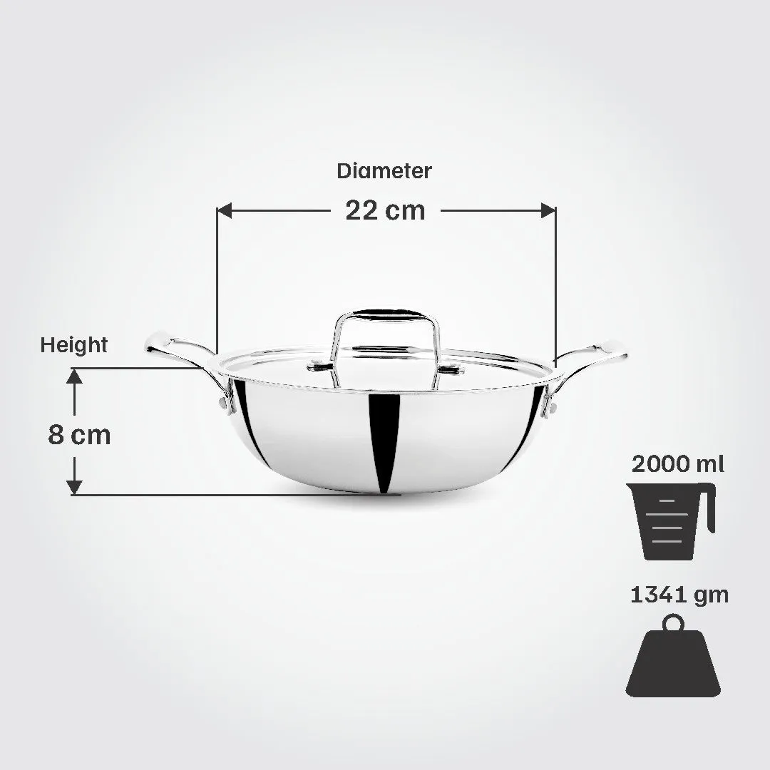 VINOD Doniv Titanium Triply Stainless Steel Kadhai with Cover (22 cm), Capacity 2.00 Liter, Induction Friendly