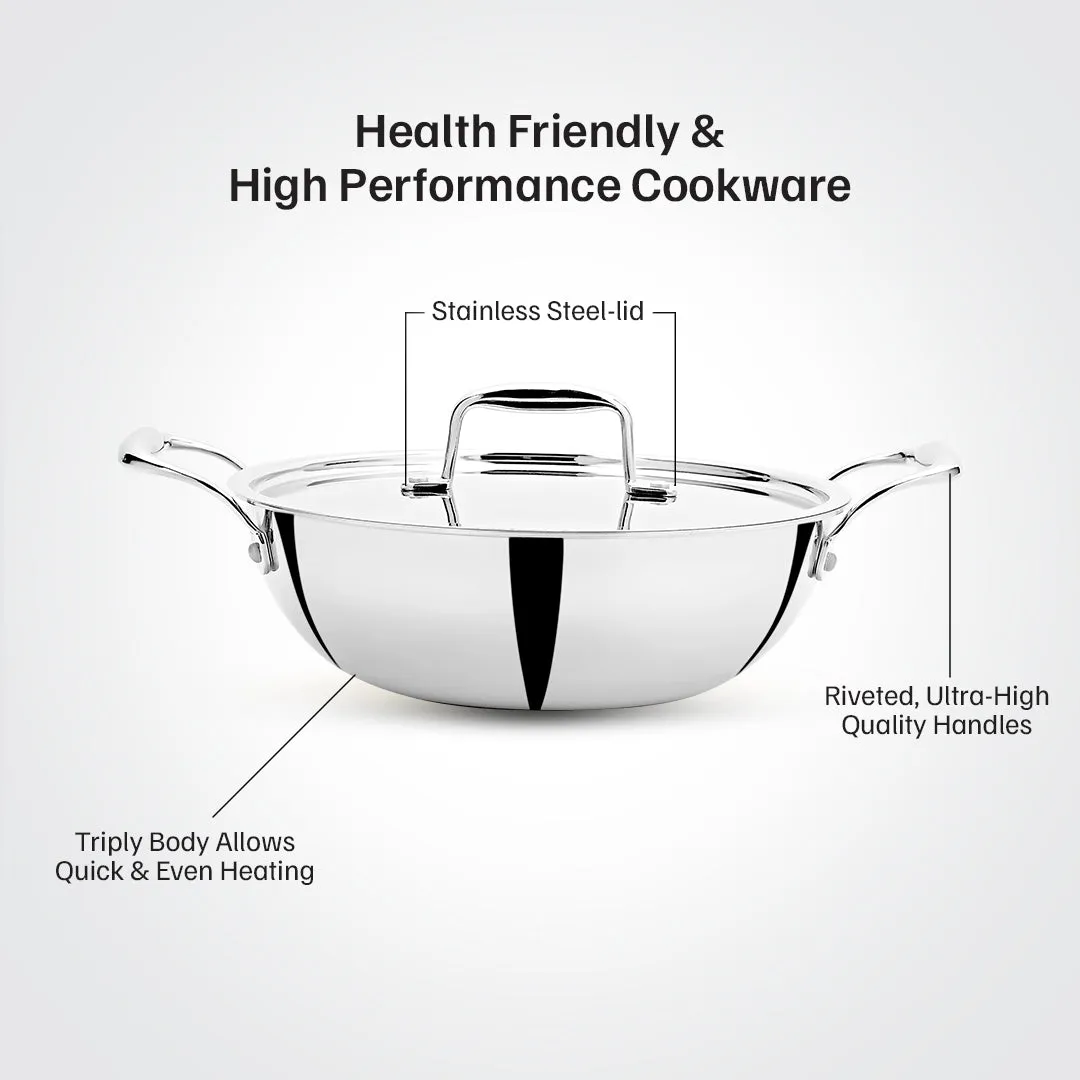 VINOD Doniv Titanium Triply Stainless Steel Kadhai with Cover (22 cm), Capacity 2.00 Liter, Induction Friendly
