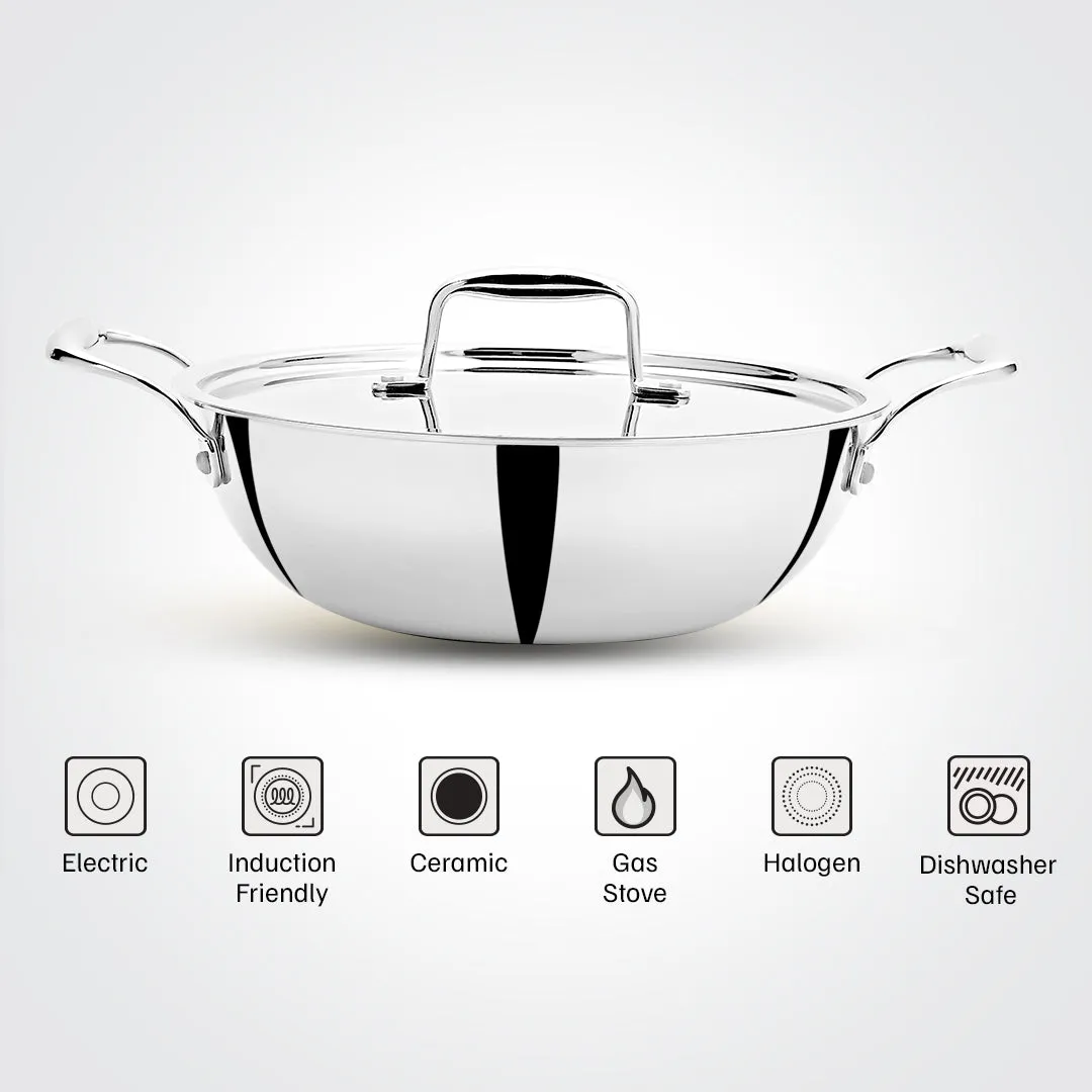 VINOD Doniv Titanium Triply Stainless Steel Kadhai with Cover (22 cm), Capacity 2.00 Liter, Induction Friendly