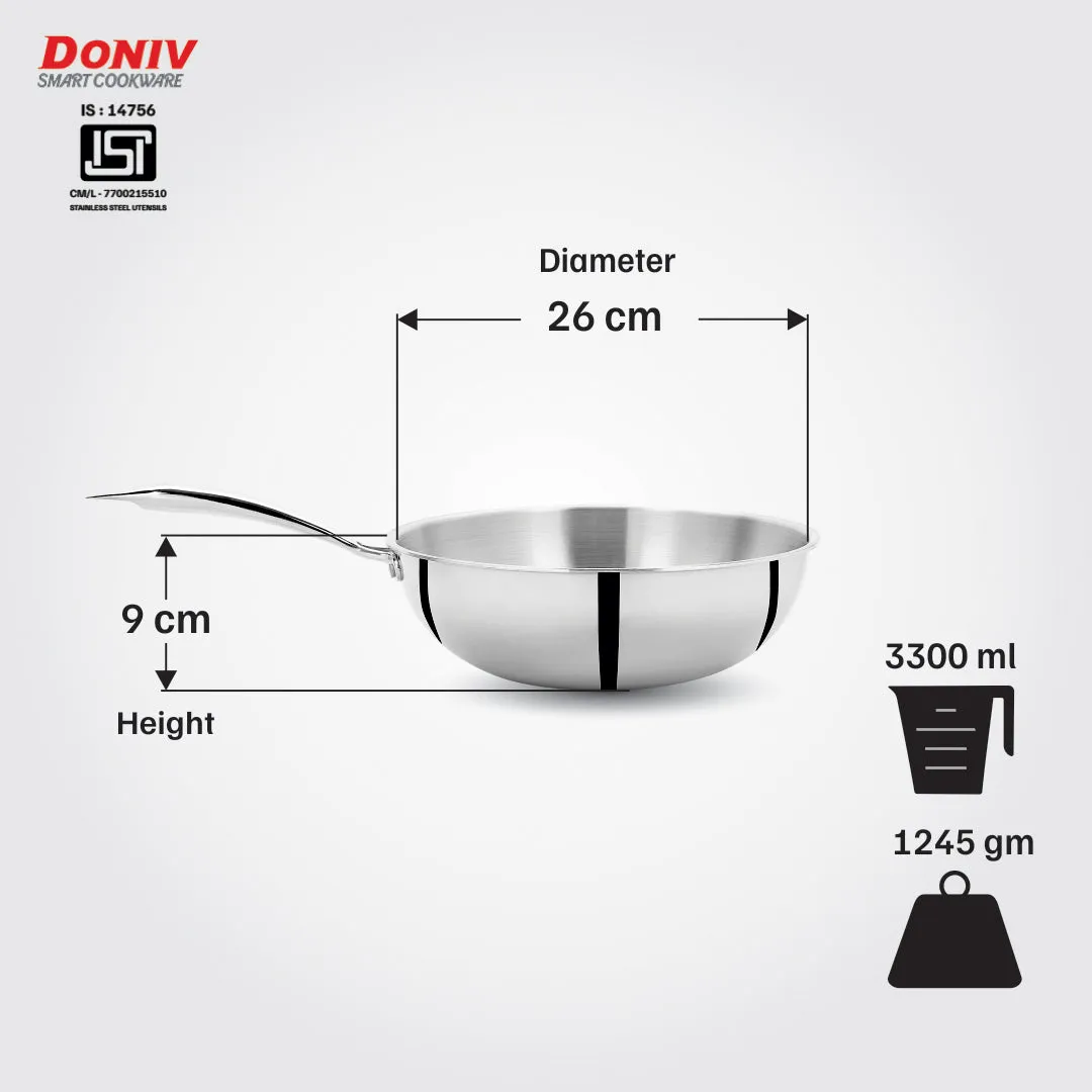 VINOD Doniv Titanium Triply Stainless Steel Wok 26 cms, Capacity 3.30 Liter