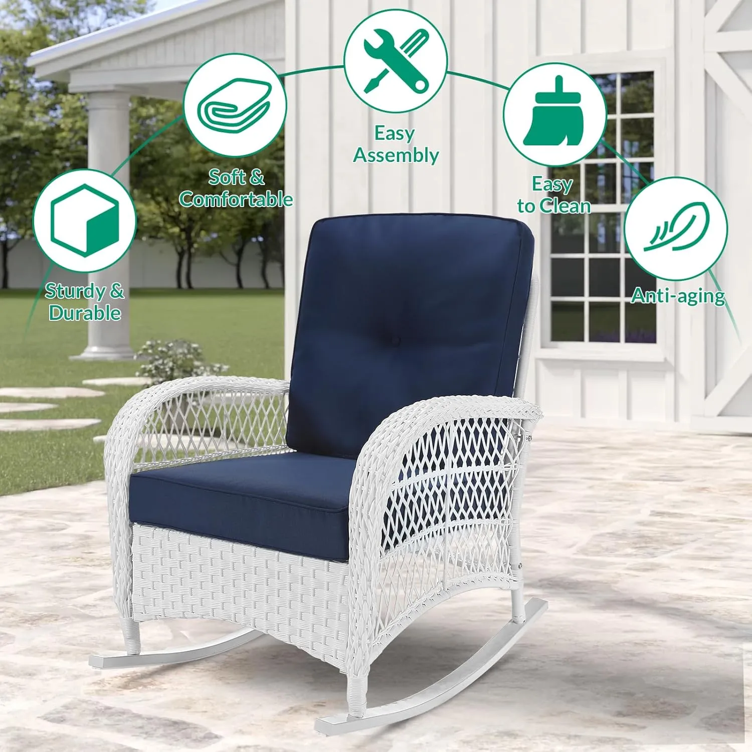 VIVIJASON Outdoor Wicker Rocking Chair, Patio Rattan Rocker Chair with Cushions & Steel Frame, All-Weather Rocking Lawn Furniture for Garden Backyard Porch (White Wicker/Navy Blue)