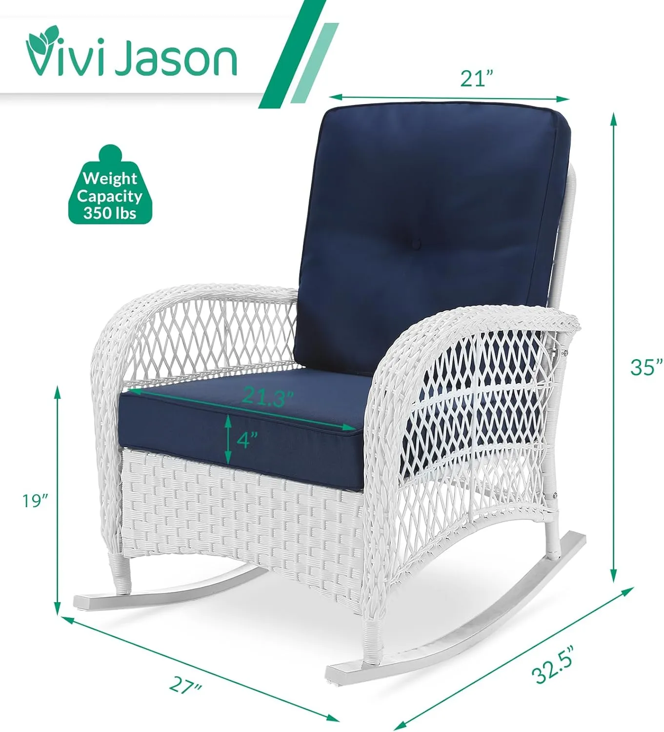 VIVIJASON Outdoor Wicker Rocking Chair, Patio Rattan Rocker Chair with Cushions & Steel Frame, All-Weather Rocking Lawn Furniture for Garden Backyard Porch (White Wicker/Navy Blue)