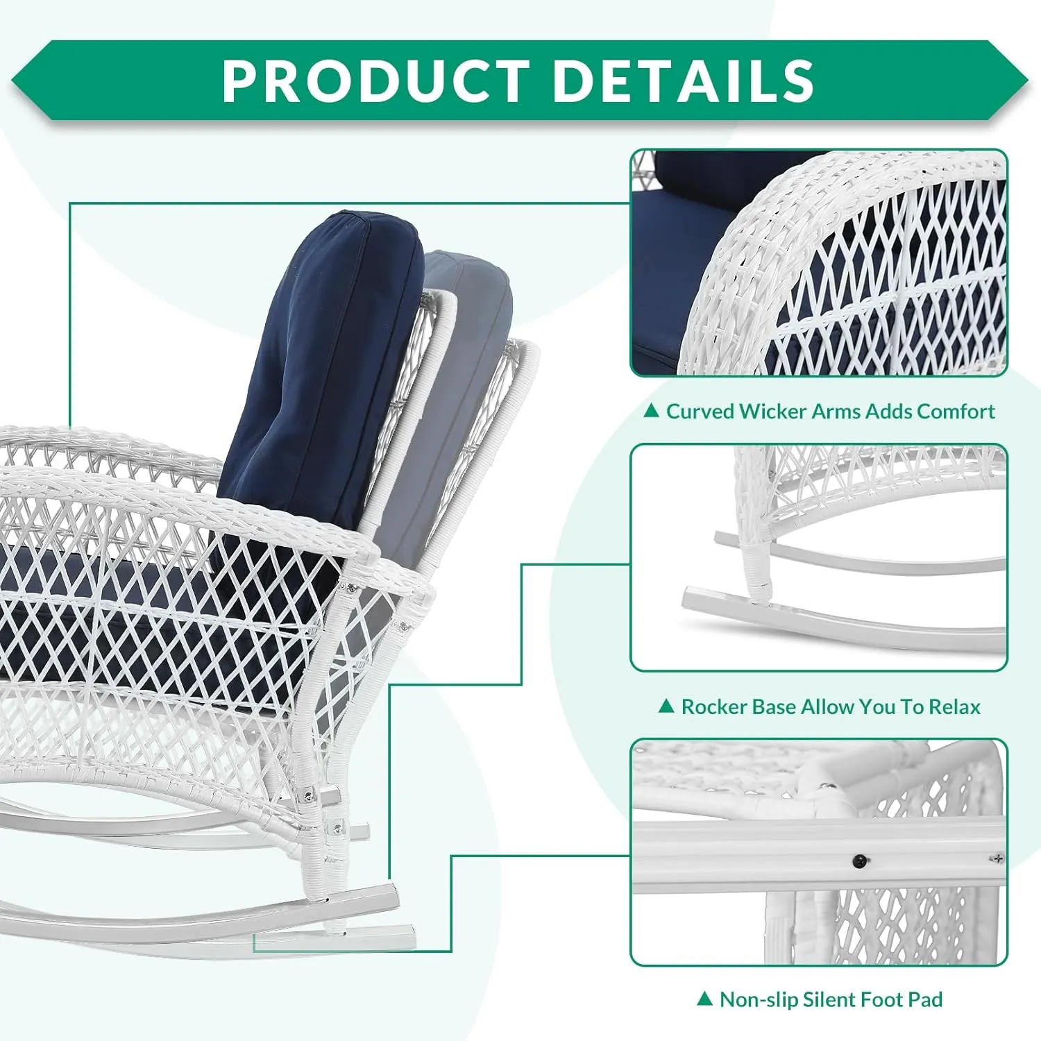 VIVIJASON Outdoor Wicker Rocking Chair, Patio Rattan Rocker Chair with Cushions & Steel Frame, All-Weather Rocking Lawn Furniture for Garden Backyard Porch (White Wicker/Navy Blue)