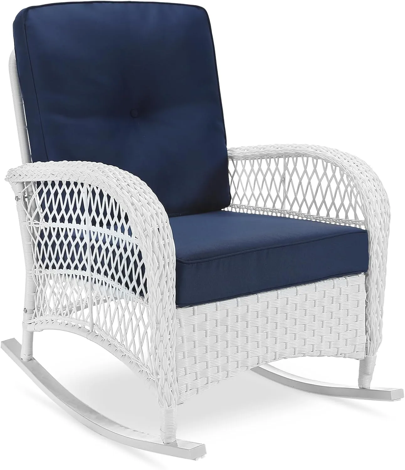 VIVIJASON Outdoor Wicker Rocking Chair, Patio Rattan Rocker Chair with Cushions & Steel Frame, All-Weather Rocking Lawn Furniture for Garden Backyard Porch (White Wicker/Navy Blue)