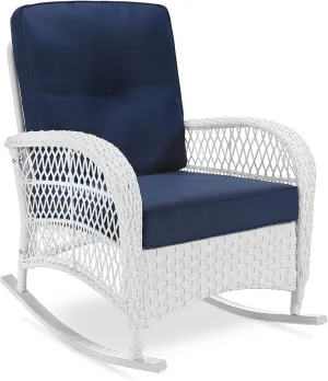 VIVIJASON Outdoor Wicker Rocking Chair, Patio Rattan Rocker Chair with Cushions & Steel Frame, All-Weather Rocking Lawn Furniture for Garden Backyard Porch (White Wicker/Navy Blue)