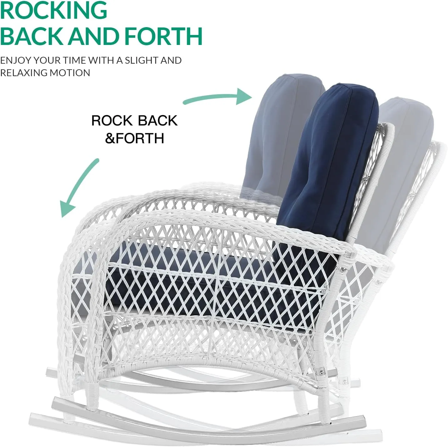 VIVIJASON Outdoor Wicker Rocking Chair, Patio Rattan Rocker Chair with Cushions & Steel Frame, All-Weather Rocking Lawn Furniture for Garden Backyard Porch (White Wicker/Navy Blue)
