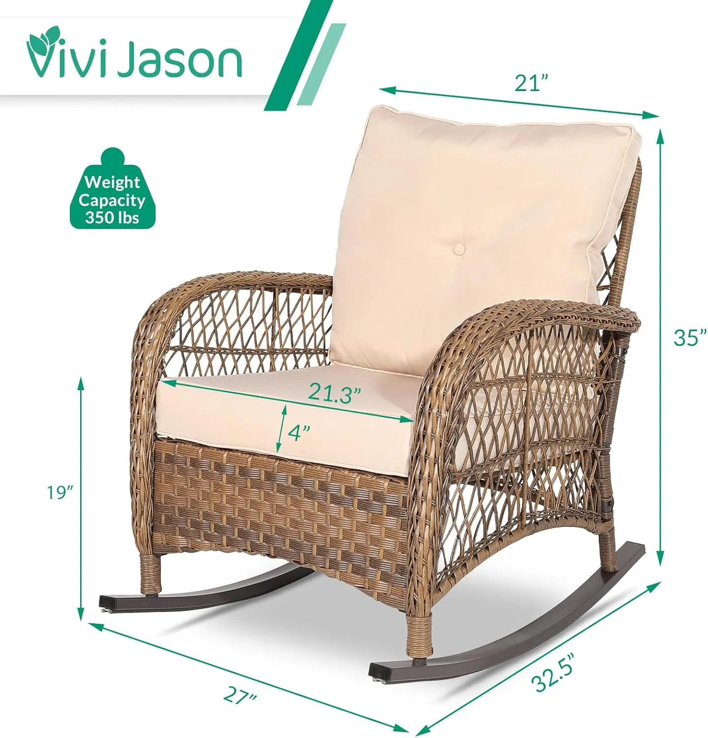 VIVIJASON Outdoor Wicker Rocking Chair, Patio Rattan Rocker Chair with Cushions & Steel Frame, All-Weather Rocking Lawn Wicker Furniture for Garden Backyard Porch (Beige)