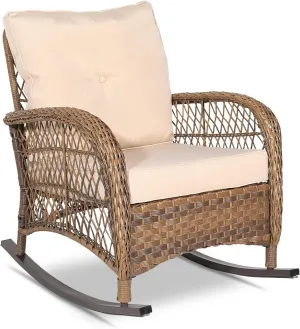 VIVIJASON Outdoor Wicker Rocking Chair, Patio Rattan Rocker Chair with Cushions & Steel Frame, All-Weather Rocking Lawn Wicker Furniture for Garden Backyard Porch (Beige)
