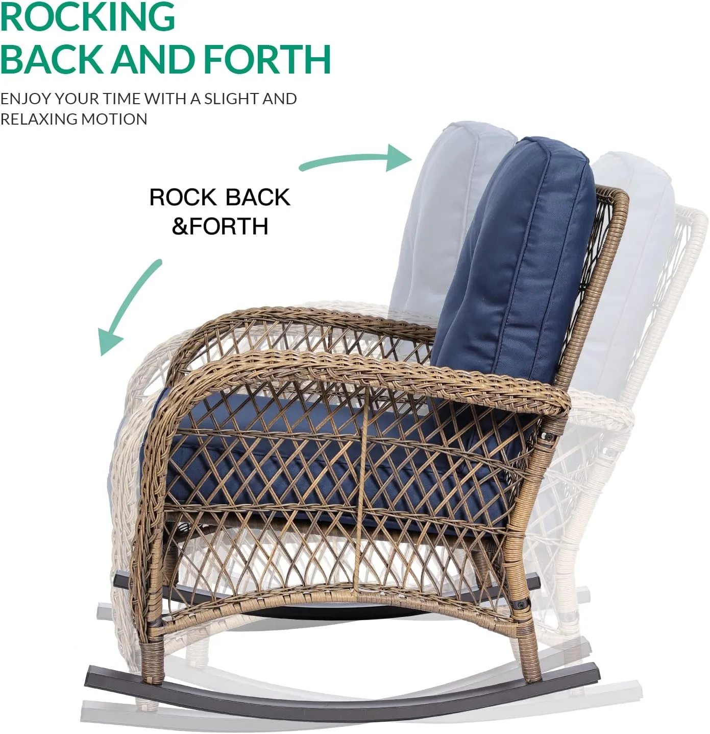 VIVIJASON Outdoor Wicker Rocking Chair, Patio Rattan Rocker Chair with Cushions & Steel Frame, All-Weather Rocking Lawn Wicker Furniture for Garden Backyard Porch (Navy Blue)