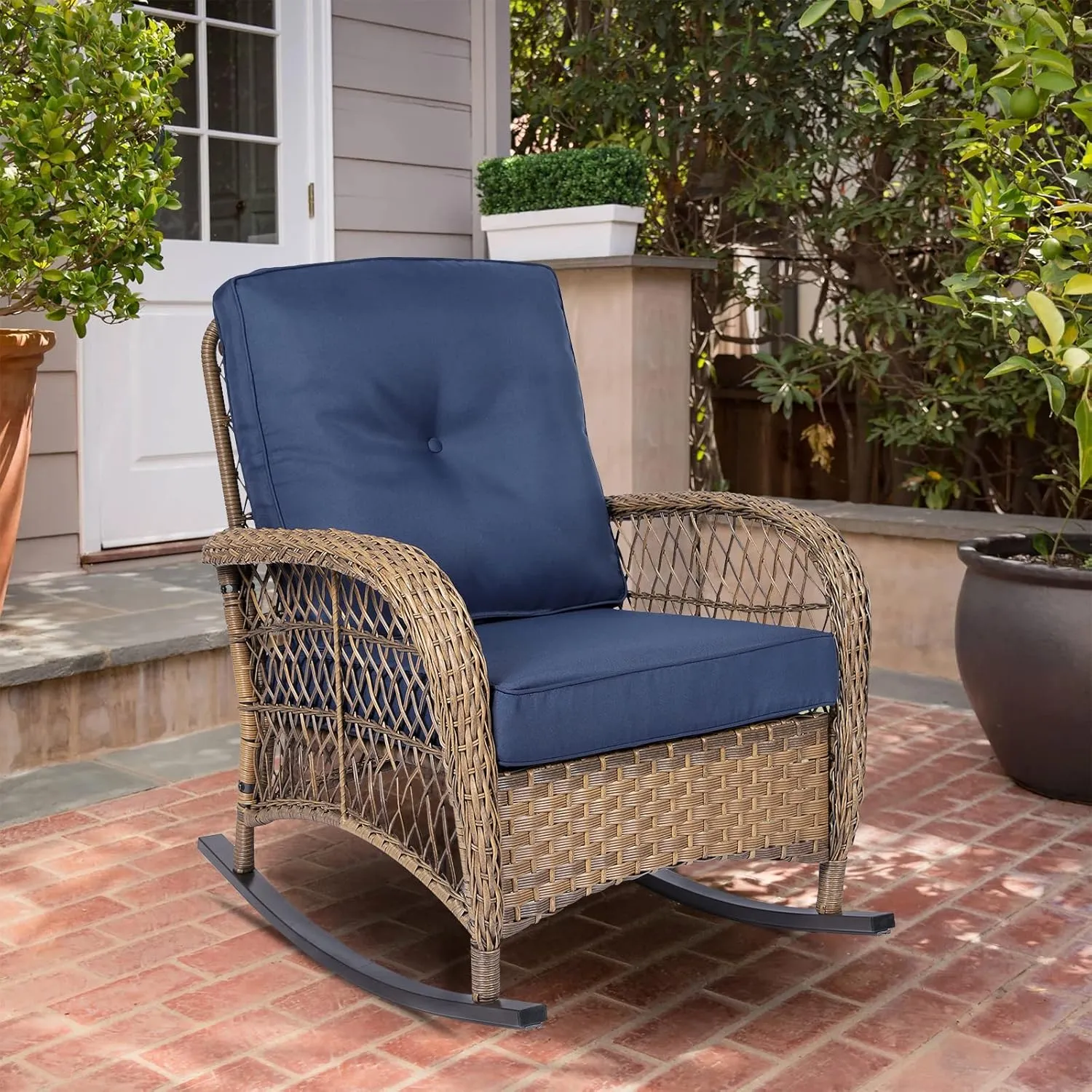 VIVIJASON Outdoor Wicker Rocking Chair, Patio Rattan Rocker Chair with Cushions & Steel Frame, All-Weather Rocking Lawn Wicker Furniture for Garden Backyard Porch (Navy Blue)
