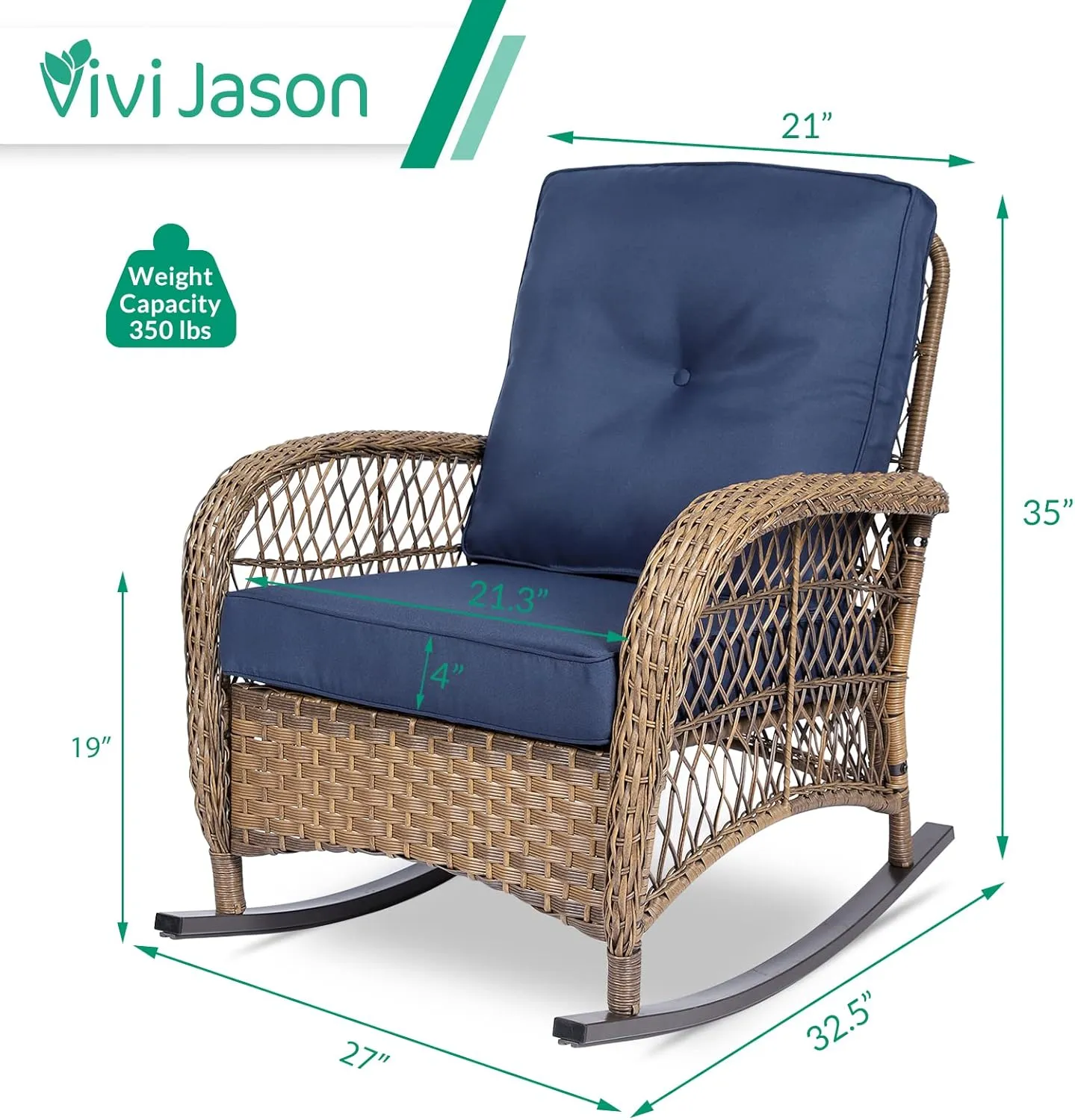 VIVIJASON Outdoor Wicker Rocking Chair, Patio Rattan Rocker Chair with Cushions & Steel Frame, All-Weather Rocking Lawn Wicker Furniture for Garden Backyard Porch (Navy Blue)