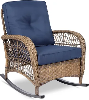 VIVIJASON Outdoor Wicker Rocking Chair, Patio Rattan Rocker Chair with Cushions & Steel Frame, All-Weather Rocking Lawn Wicker Furniture for Garden Backyard Porch (Navy Blue)