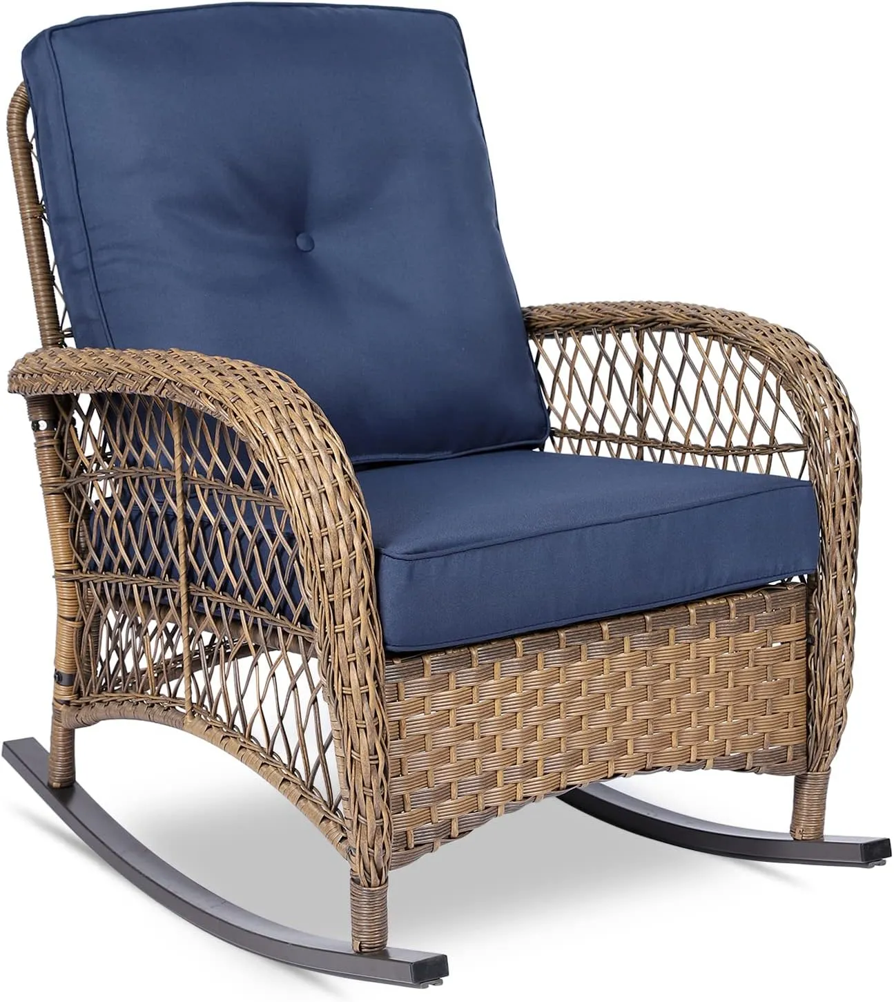 VIVIJASON Outdoor Wicker Rocking Chair, Patio Rattan Rocker Chair with Cushions & Steel Frame, All-Weather Rocking Lawn Wicker Furniture for Garden Backyard Porch (Navy Blue)