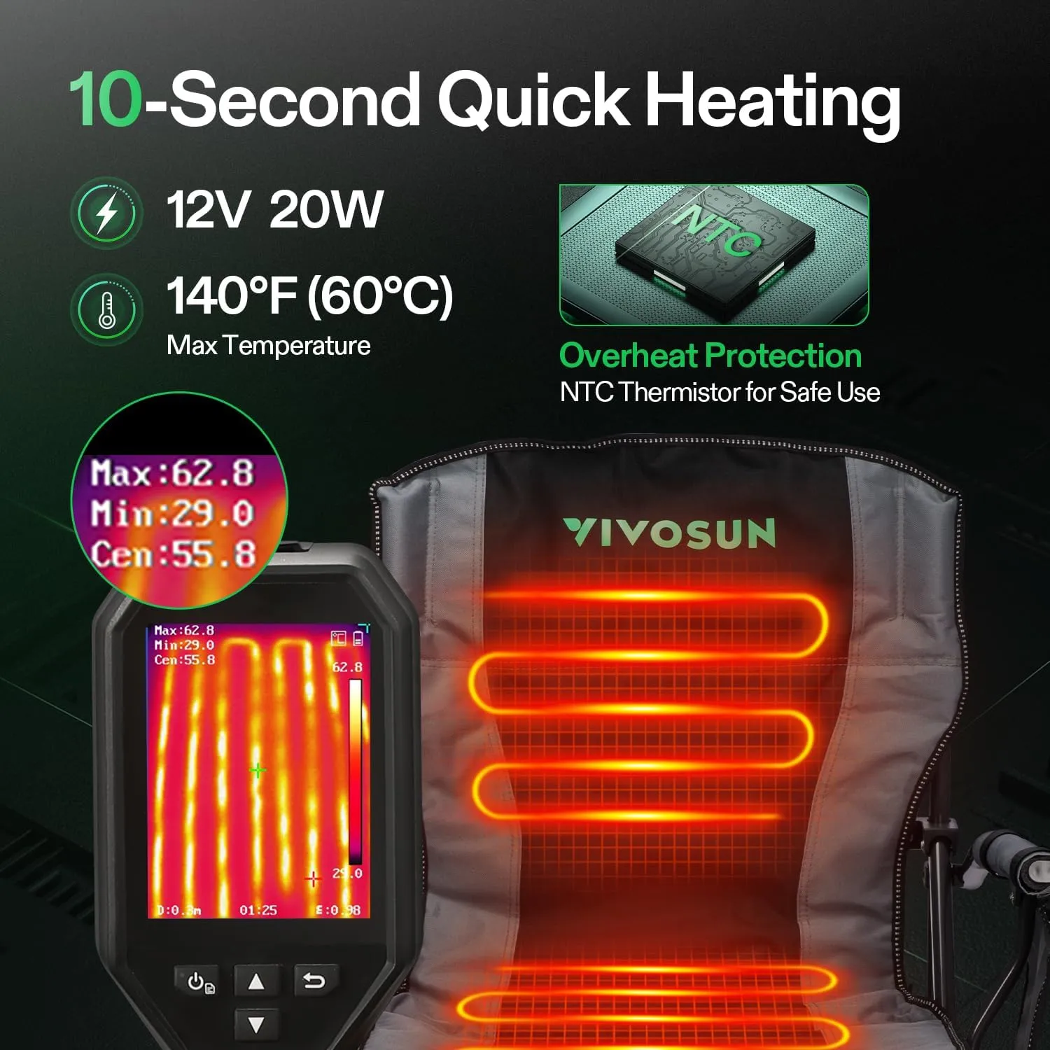 VIVOSUN Heated Camping Chair with 20000 mAh Quick-Charge Power Bank, Fully Padded Heated Folding Chair with 3 Heat Levels, 10s Instant Heating, Cup Holder & Pockets for Outdoor Sports, Picnics