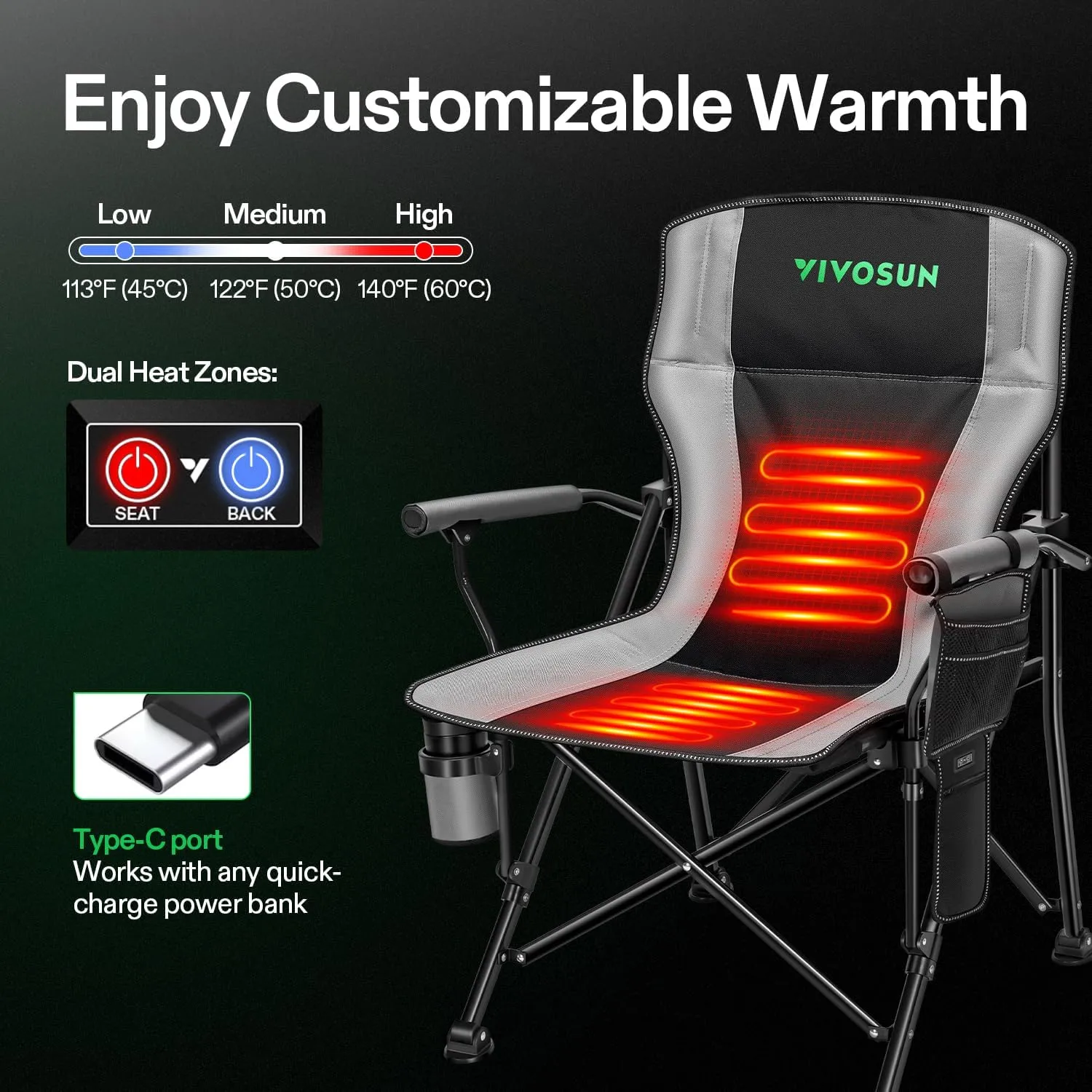 VIVOSUN Heated Camping Chair with 20000 mAh Quick-Charge Power Bank, Fully Padded Heated Folding Chair with 3 Heat Levels, 10s Instant Heating, Cup Holder & Pockets for Outdoor Sports, Picnics