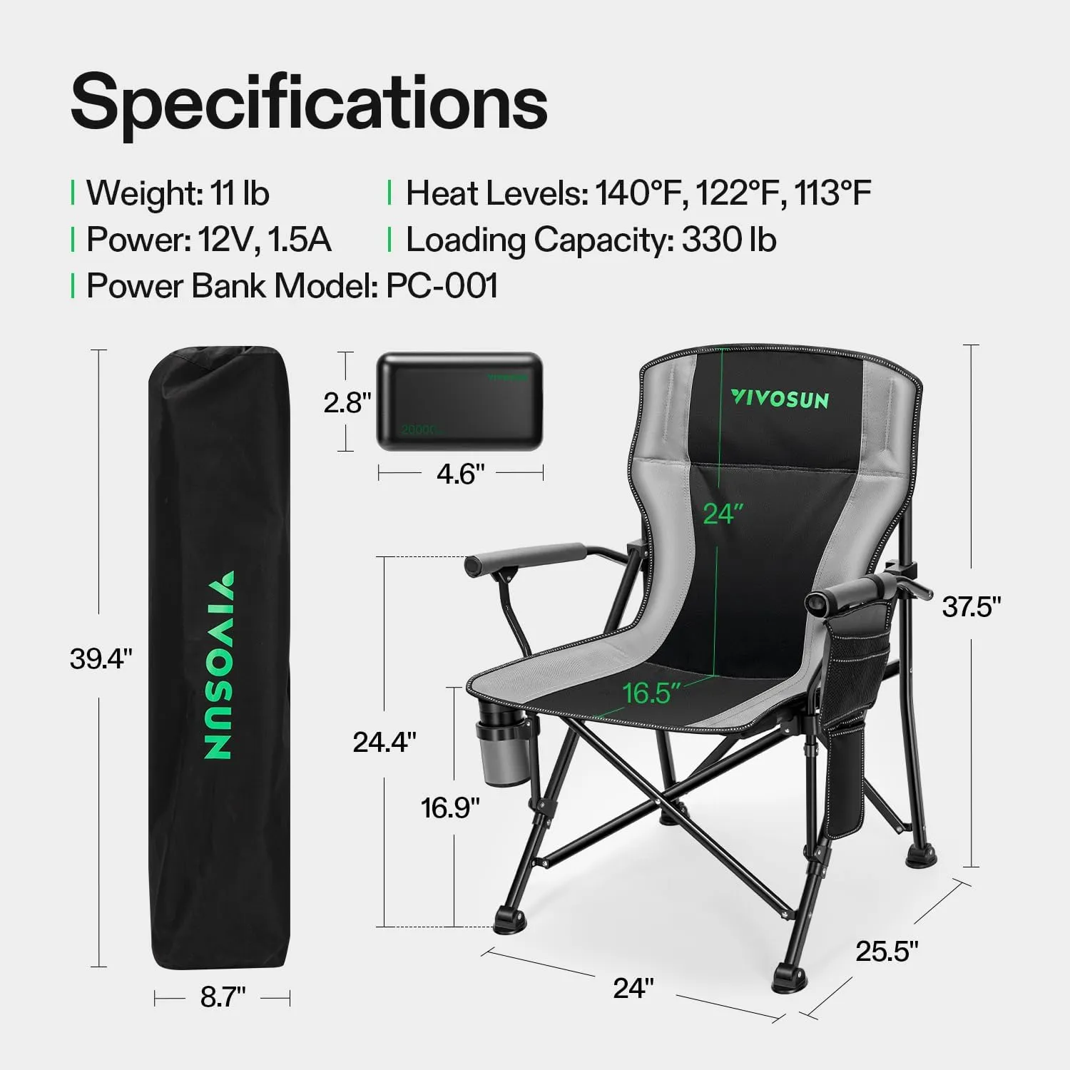 VIVOSUN Heated Camping Chair with 20000 mAh Quick-Charge Power Bank, Fully Padded Heated Folding Chair with 3 Heat Levels, 10s Instant Heating, Cup Holder & Pockets for Outdoor Sports, Picnics