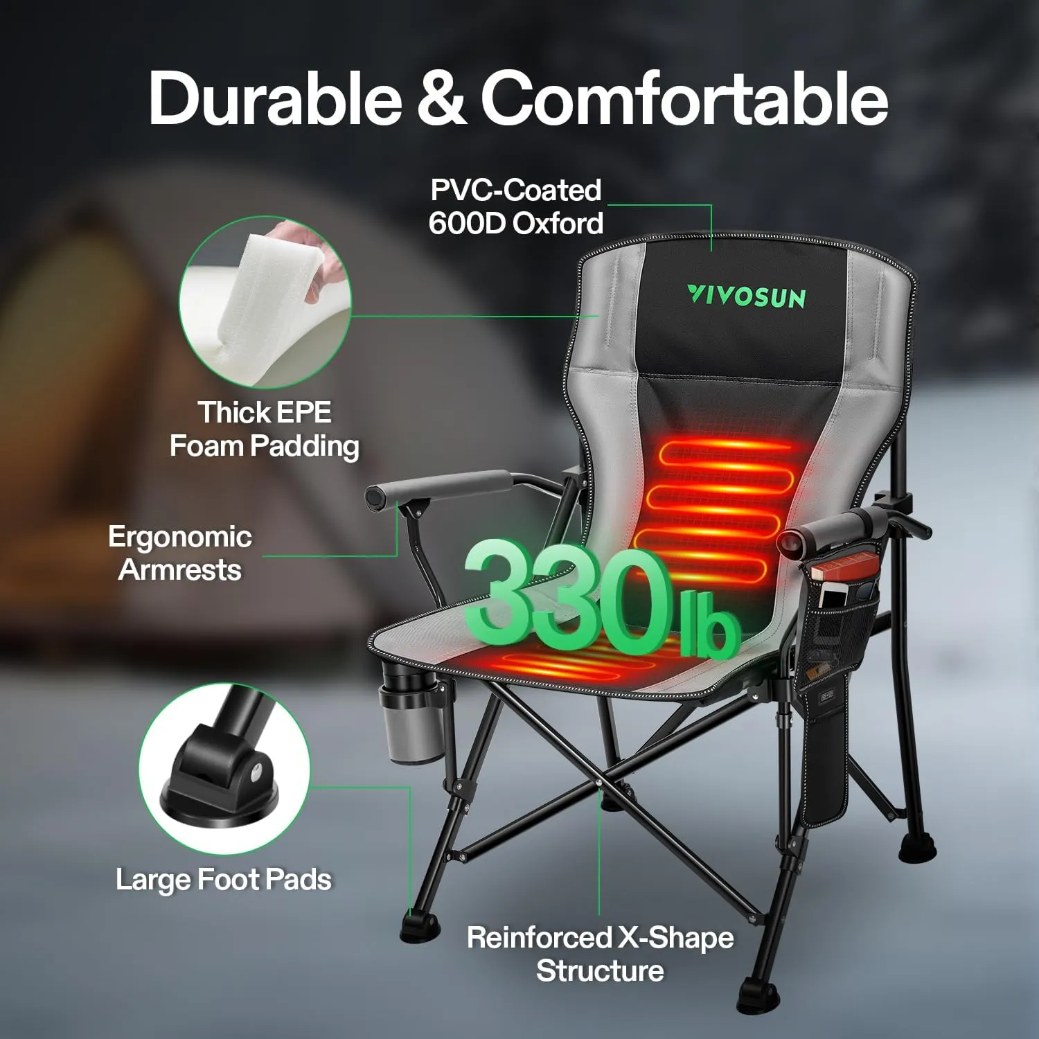 VIVOSUN Heated Camping Chair with 20000 mAh Quick-Charge Power Bank, Fully Padded Heated Folding Chair with 3 Heat Levels, 10s Instant Heating, Cup Holder & Pockets for Outdoor Sports, Picnics