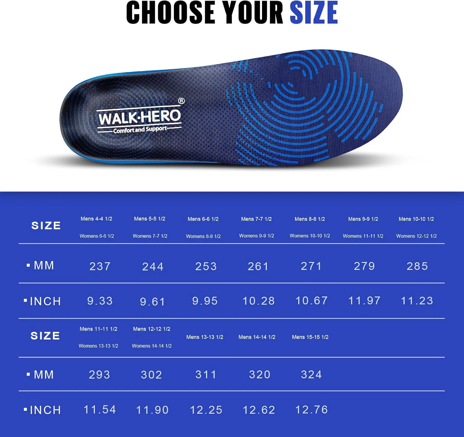 WALKHERO Medium Arch Support Insoles - Cushioning Orthotic Insoles, Plantar Fasciitis Inserts for Men & Women to Relieve Foot Pain and Provide Shock Absorption (Blue) Mens 7-7 1/2