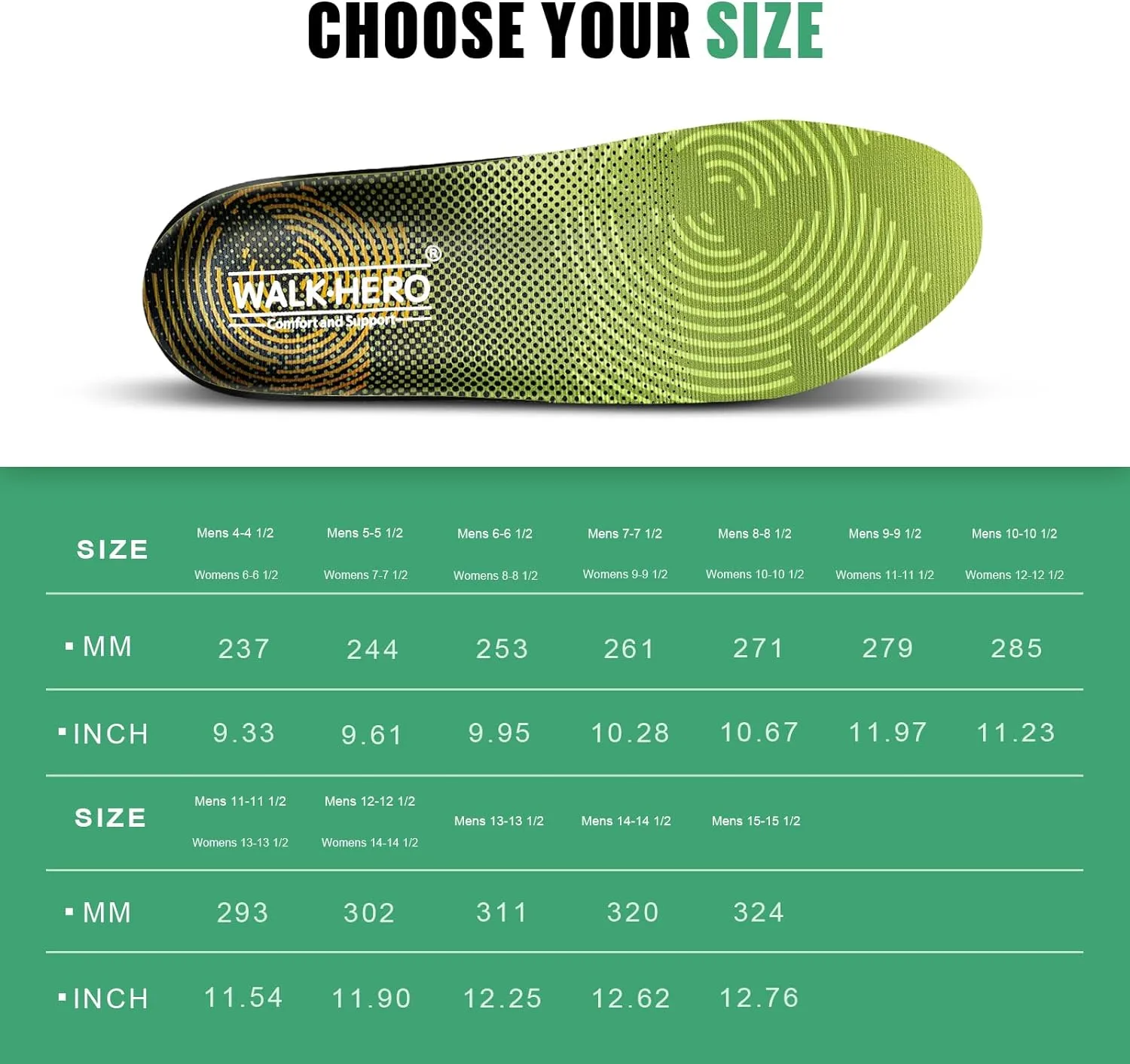 WALKHERO Medium Arch Support Insoles - Cushioning Orthotic Insoles, Plantar Fasciitis Inserts for Men & Women to Relieve Foot Pain and Provide Shock Absorption (Green) Mens 8-8 1/2