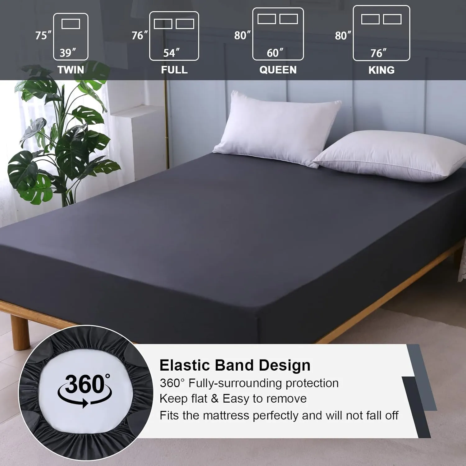 Waterproof Mattress Protector Queen, Fitted Sheet Style Breathable Mattress Cover with Deep Pocket Fits Up to 18'', Machine Washable Noiseless Bed Cover for Kids Adults Pets (Dark Gray, 60'' X 80'')