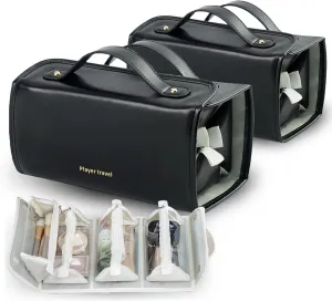 Waterproof Travel Toiletry Bag 4 Detachable Clear Compartment, Leather Waterproof Cosmetic Bag Detachable 4 in 1, Rollable Large Capacity Hanging Cosmetic Travel Bag (Black*2)